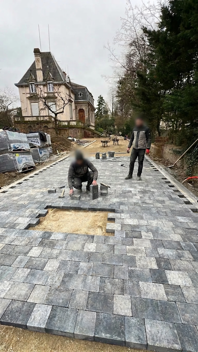 Allée pavée granit en cours de pose